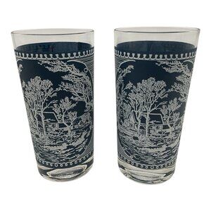 Currier & Ives "Old Farm Gate"  Blue and White Matte Small Drinking Glasses Vtg